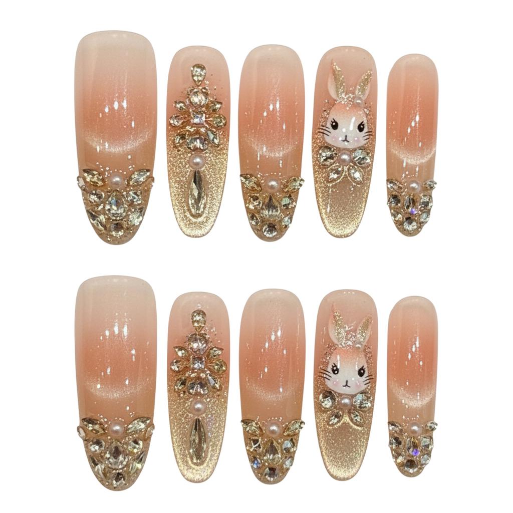 10 Pcs Glossy Long Oval False Nails with Rhinestone Decor Press On Nails 3D Bunny Design Artificial Nails For Women Girls