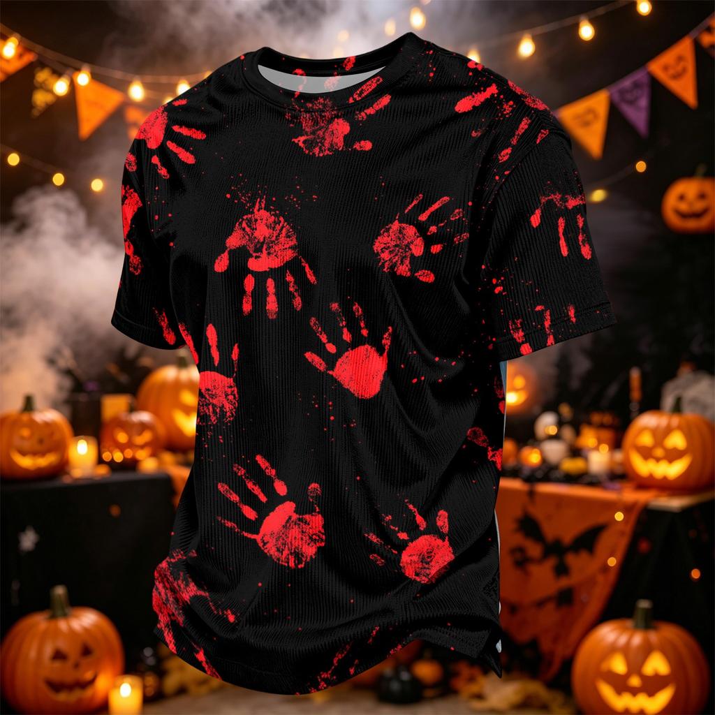 Men Casual Corduroy Short Sleeve Lightweight Breathable Round Neck Top Halloween Pattern Printed Shirt