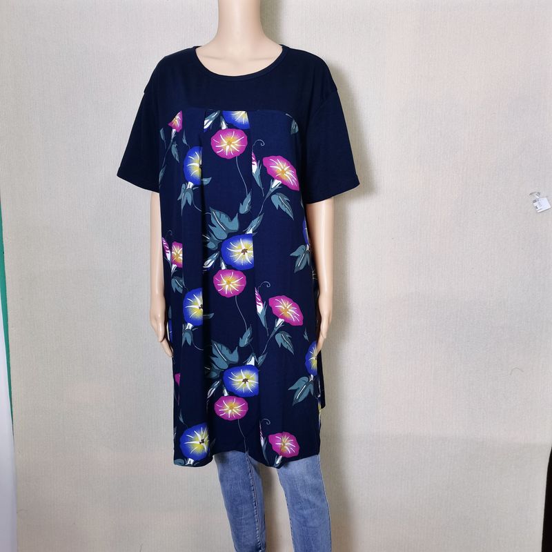 Export Original Order Leftover Stock Tencel Rayon Printed Stitching Short Sleeves Dress Female Loose Plus Size Mid Length Long Length Tops Summer