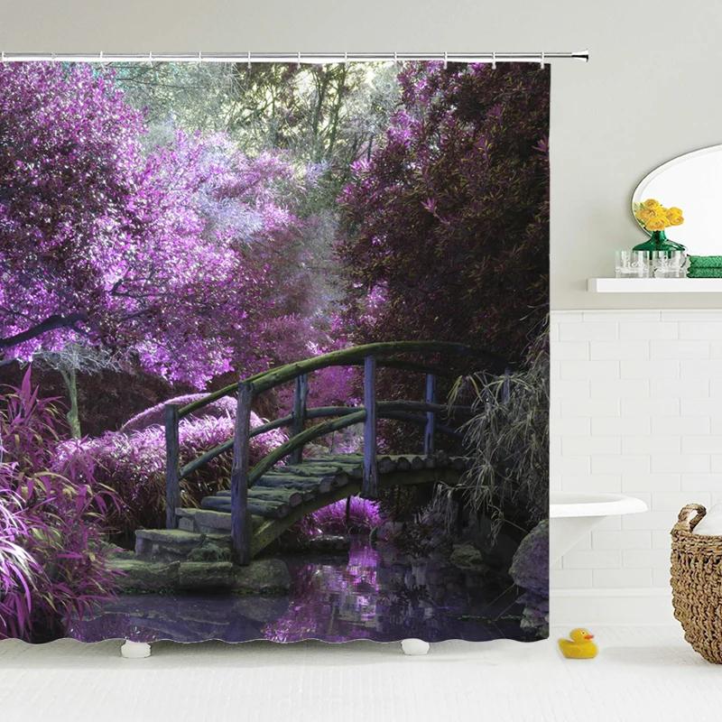 Green Scenery Shower Curtain with Hooks, Waterproof Bathroom Partition, Weighted Bottom Reinforced Eyelets & Easy To Clean
