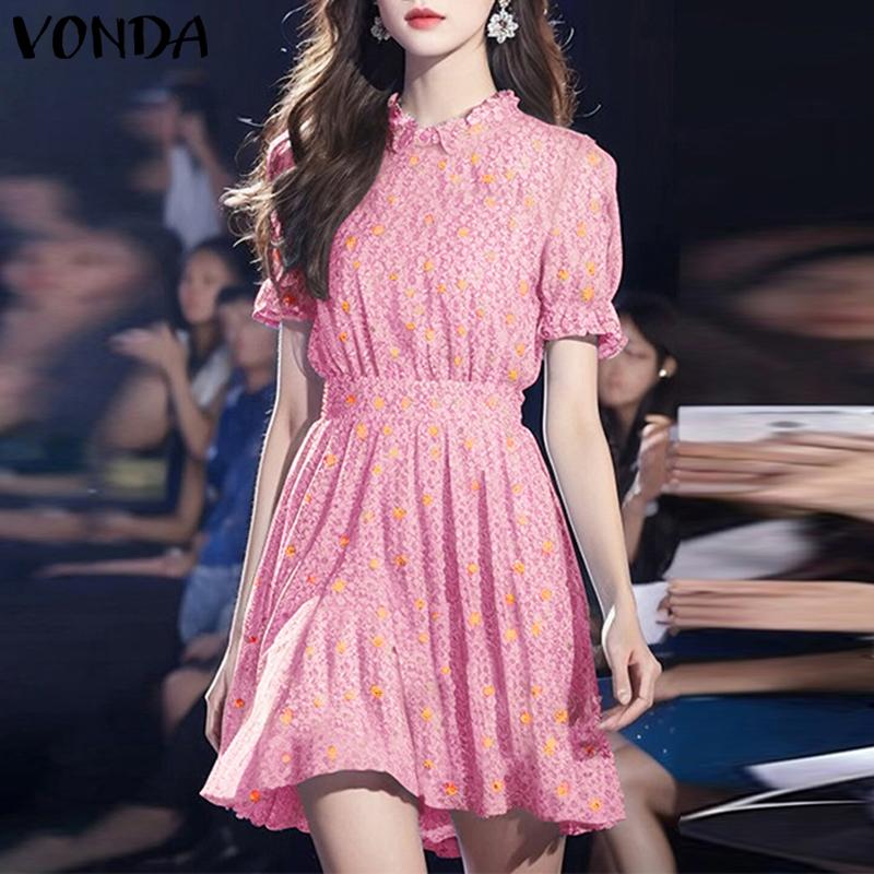 

VONDA Summer Women Stand Neck Floral Print Holiday Casual Pleated Dress 4XL розовый