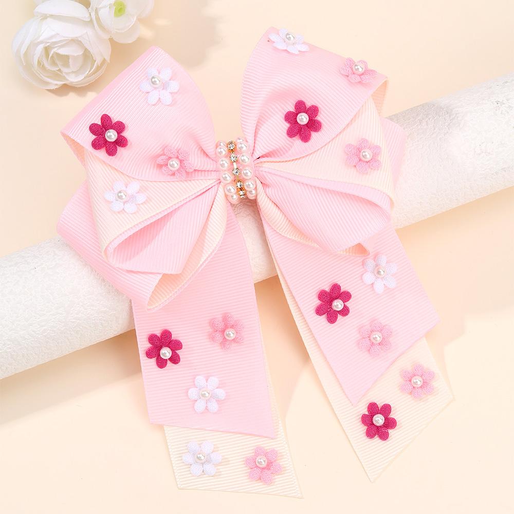

New Flower Bow Hair Clip Sweet Pearls Floral Pink Hairpin Ribbon Barrette For Girls Women French Headwear Headdress Accessories