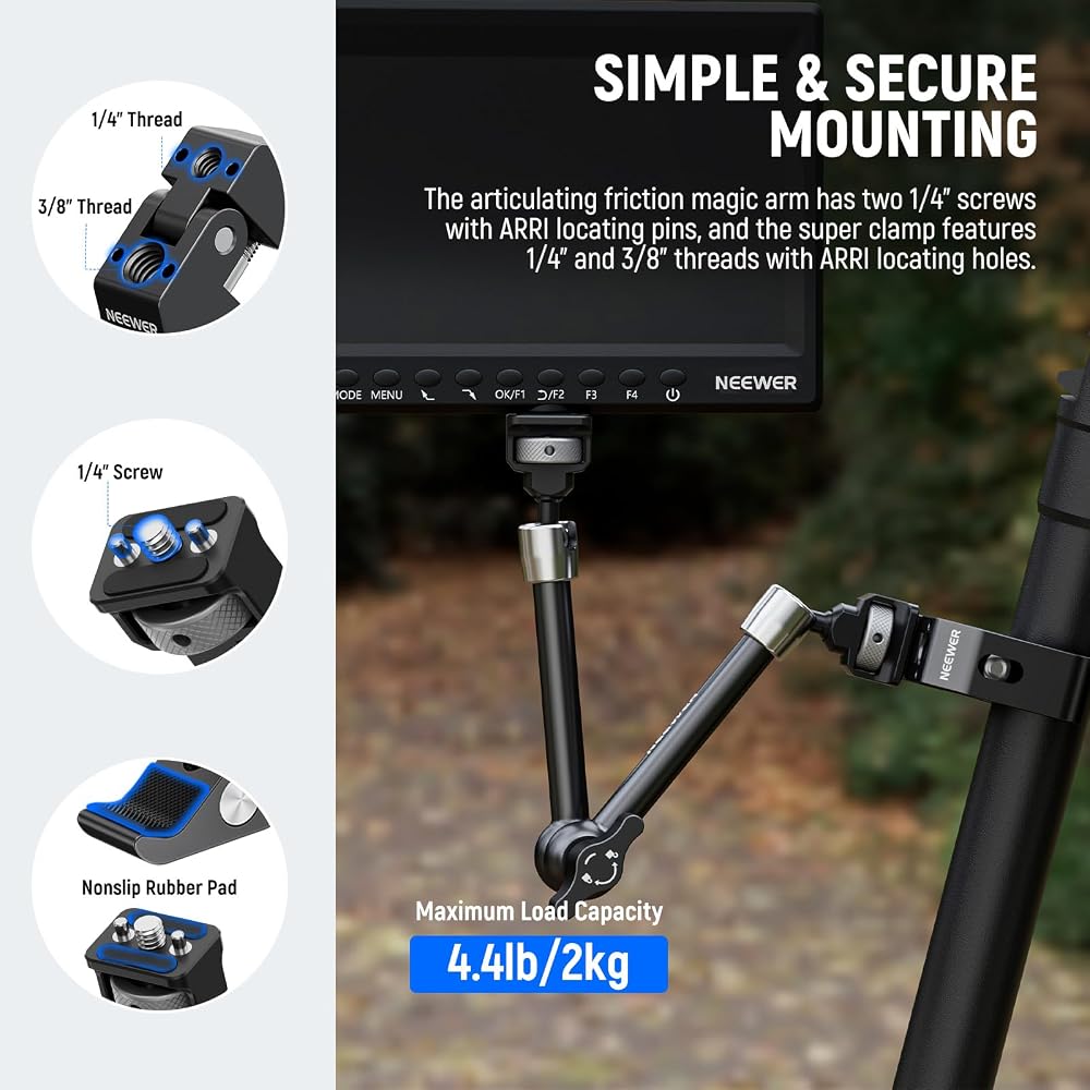 Neewer 28cm Magic Arm Clamp Mount Articulated Arm Camera Monitor Mount Super Clamp/1/4" & 3/8" ARRI Positioning Pins and Holes for DSLR/Action Camera/