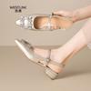 Light luxury wind back empty sandals for women with rhinestone square buckle, pointed toe, low heel, Mary Jane straight strap sandals