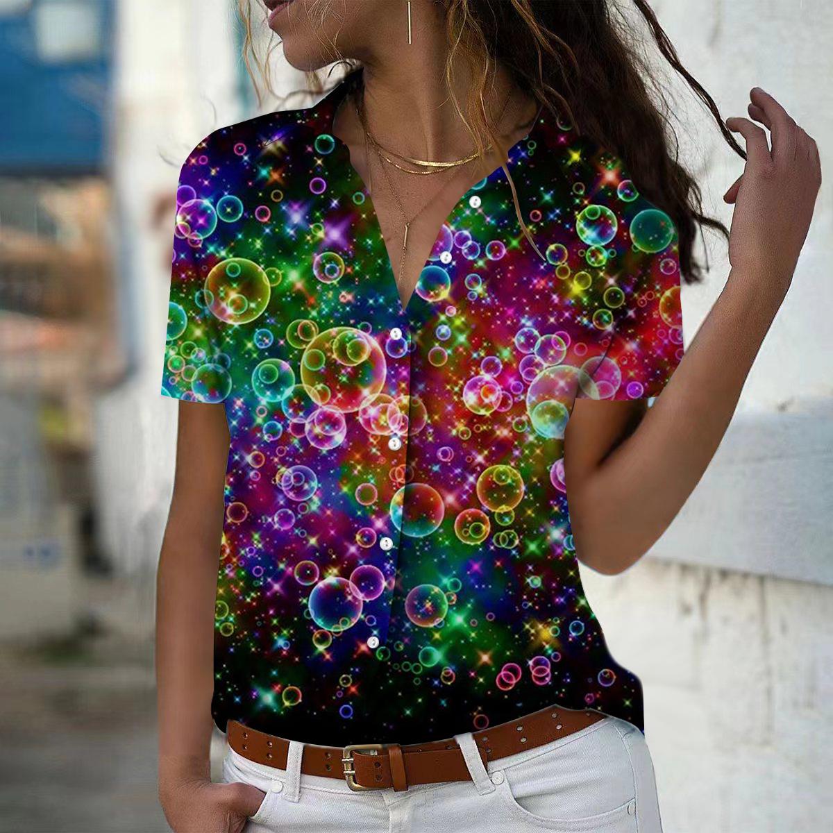 

2025 Лето Новая Мода Женская Рубашка с Коротким Рукавом и V-образным Вырезом Повседневная на Пуговицах Топ с Принтом Звезд 8XL красный