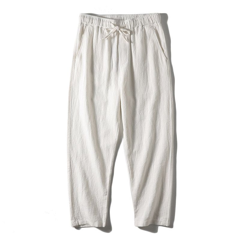 Foreign Trade Export Surplus Natural Ramie Fabric Comfortable Summer Casual Pants for Men with Elastic Waist, Thin Straight-Leg Pants