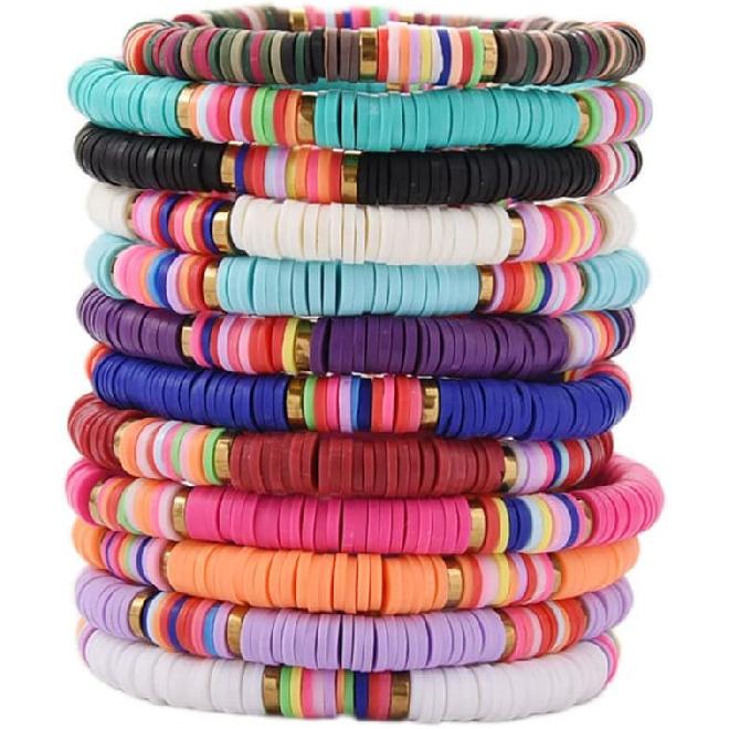 12pcs Friendship Bracelets Beaded Bracelets Heishi Bracelet Cute Bracelets Stack Vinyl Clay Disc Bead Surfer Stretch Summer Beach Bracelets For Women