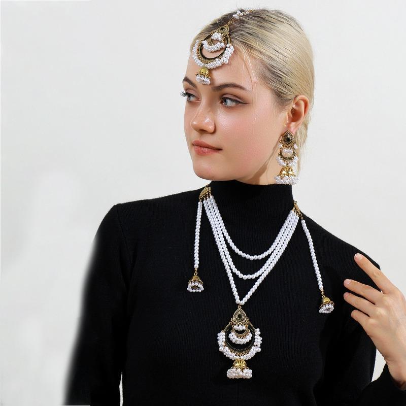 

Meier European and american multi-layer pearl pendant jewelry set - vintage, heavily embellished, bohemian ethnic style fashion earrings