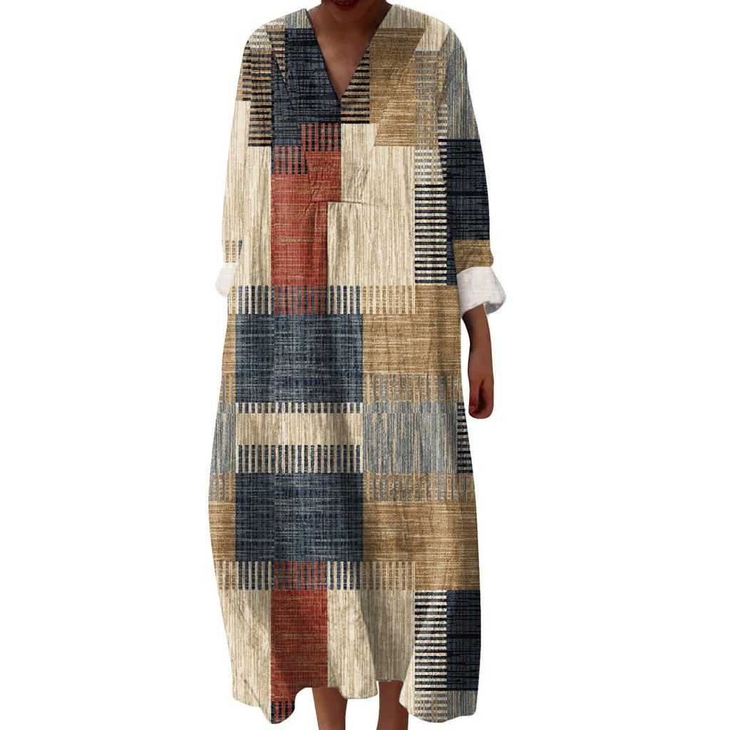 Women's Casual And Fashionable V-Veck Printed Long Sleeved Dress Long Sleeved Dress