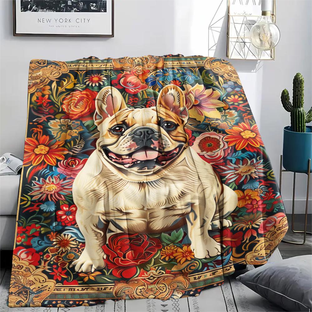 1Pc Floral Dog Print Flannel Blanket, High quality Comfortable for All Seasons, Home Decor, Warmth and Comfort, Perfect for Christmas Gifts