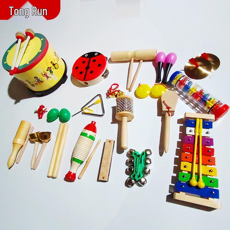 Orff Percussion Set: Kindergarten Drum, Trumpet, Maraca Music Toys Wood + Metal
