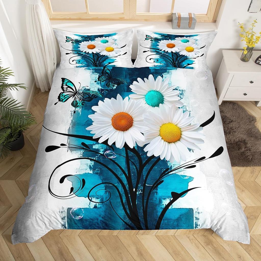 Poszewka na kołdrę z kwiatami stokrotek Rozmiar Full Queen 2/3 szt. Botaniczny kwiatowy komplet pościeli Styl pastoralny Poszewka na kołdrę dla dzieci Dziewcząt Kobiet do pokoju