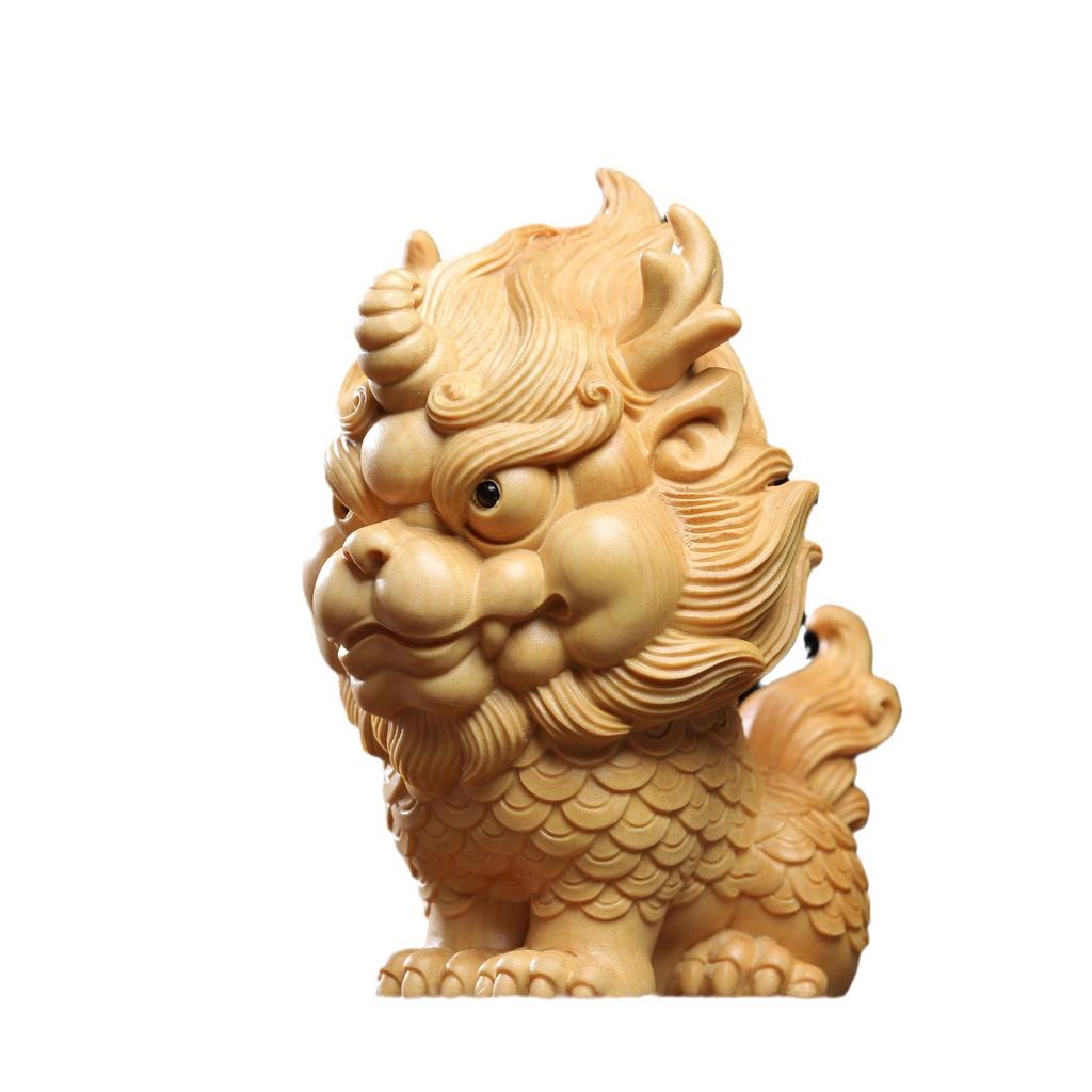 Miniature Statue Wooden Carving Auspicious Beast Qilin Ornament Office Accessories  Home Decoration Gift Collection Souvenirs
