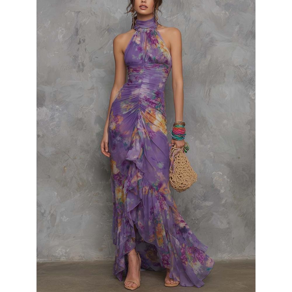 Casual Pocket Collar Low-cut Off-the-shoulder Color Print Irregular, Hip-wrapped Dress