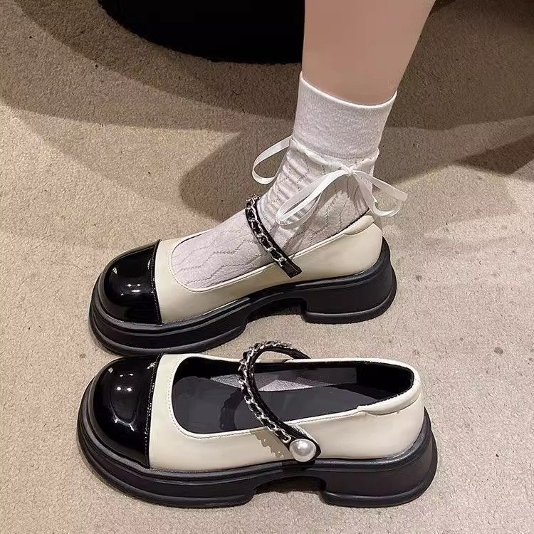 Round Head French Mary Jane Small Leather Shoes Women's 2025 Summer New One-button Retro Thick Heel High Heel Platform Single Shoes