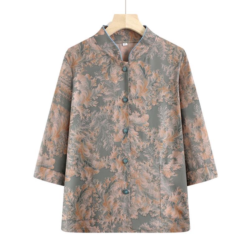 Elderly Women's Floral Print 7-Sleeve Cardigan Shirt