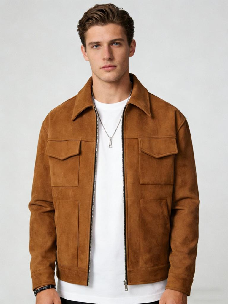 European and American men's jacket suede men's tooling zipper large pocket casual lapel spring and autumn jacket