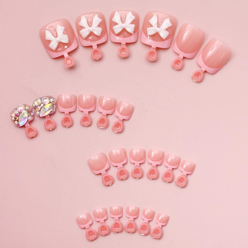 24PCS French Tip Acrylic Press On Toenails False Toe Nail with Bows and Rhinestones Short Nail Tips for Women and Girls