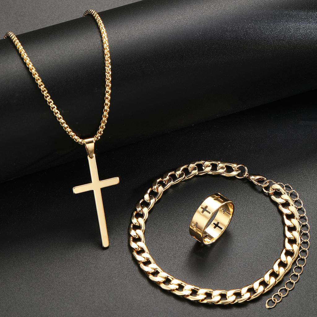 3 Pcs Men's Stainless Steel Jewelry Sets Gothic Hip Hop Style With Cross Pendant Necklace Ring Bracelet Set Fashion Simple Gifts