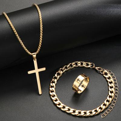 3 Pcs Men's Stainless Steel Jewelry Sets Gothic Hip Hop Style With Cross Pendant Necklace Ring Bracelet Set Fashion Simple Gifts