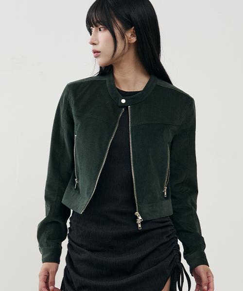 Arrayed Vertical Biker Crop Corduroy Jacket [Navy]