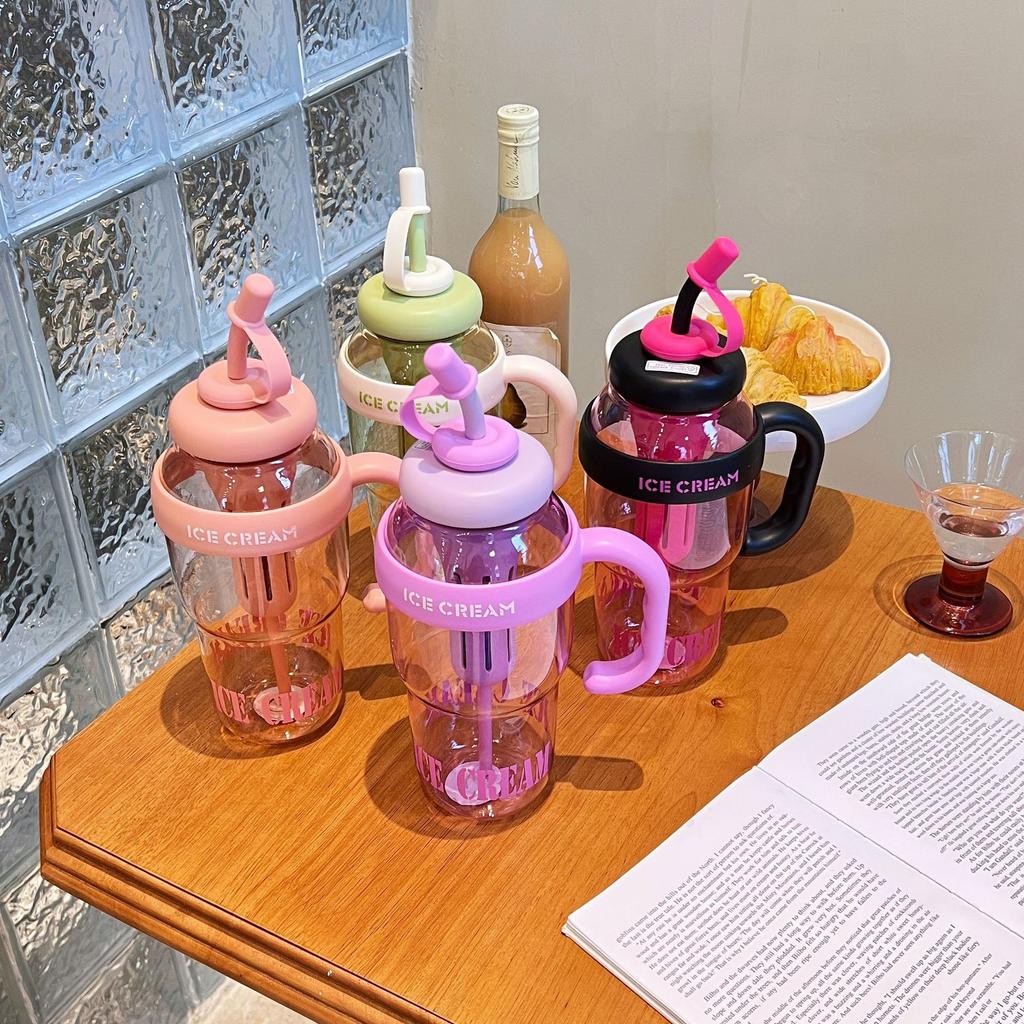 High-color Value with Handle Large-capacity Water Cup Portable Straw Cup Tea Tea Warehouse Plastic Cup Students Office Water Bottle