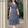 ZANZEA Women Casual V-Neck Short Sleeve Grid Print Dress