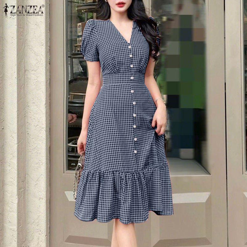 ZANZEA Women Casual V-Neck Short Sleeve Grid Print Dress