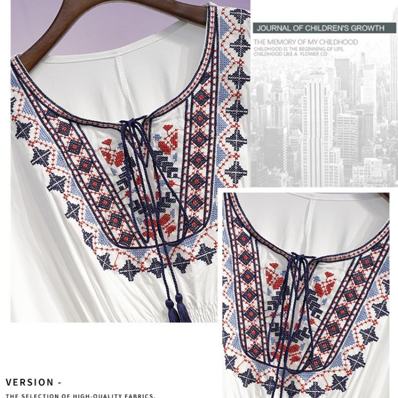 Women Summer Tees Retro Style Embroidery Blouses Cloak Top Loose Cotton Lace Hem Bat Sleeve Kimono Shirts Blusa Feminina