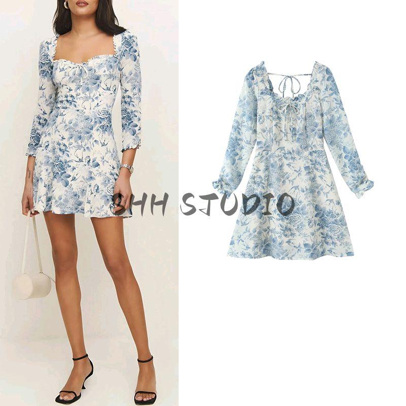 Spring New Women's Clothing French Style Vintage Floral Print Small Square Collar Open Back Lace-up Long Sleeve High Waist Dress