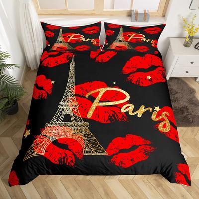 Paris Duvet Cover Red Lips Kiss Marks Decor Bedding for Girls and Adult Eiffel Tower Quilt Cover Romantic Room Decoration Women