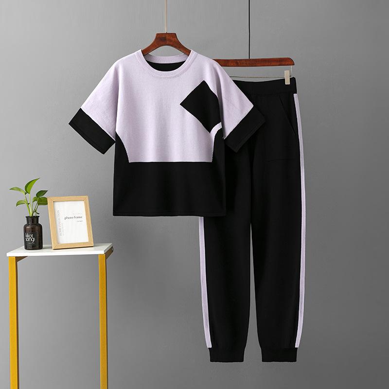 

Модный повседневный костюм женский летний новый, с цветовой блокировкой, свободный, из ледяного шелка, с коротким рукавом, комплект из двух предметов one size fits all светло-фиолетовый