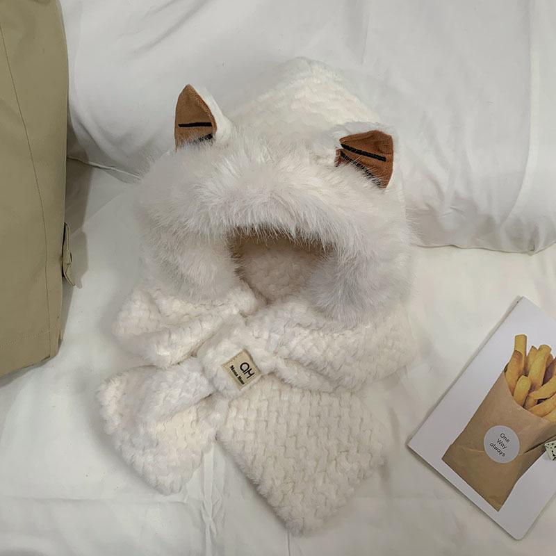 Women's Autumn/Winter Cute Puppy Ears Plush Hat and Scarf Set - Warm, Stylish, and Face-Slimming.