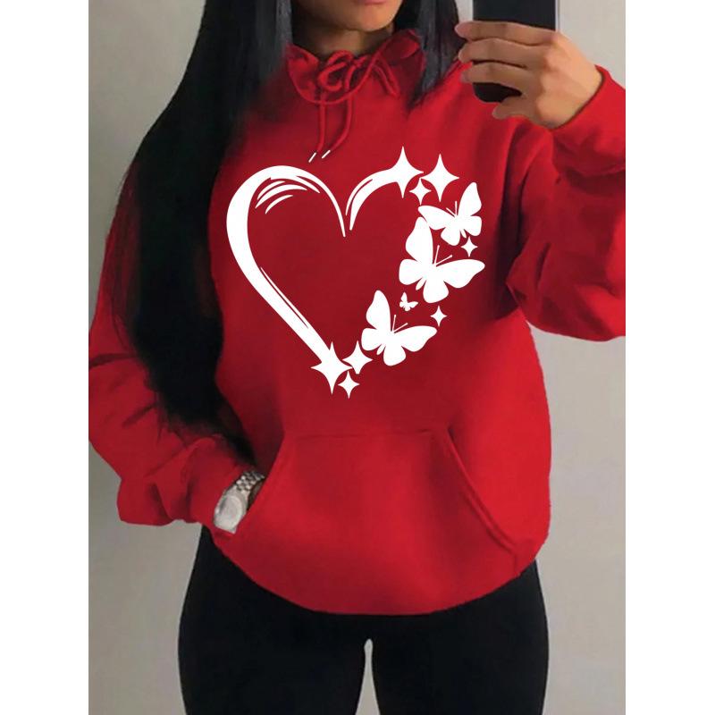 European & American Style Love Heart Butterfly Print Women's Hooded Sweatshirt - Trendy Street Style Pullover