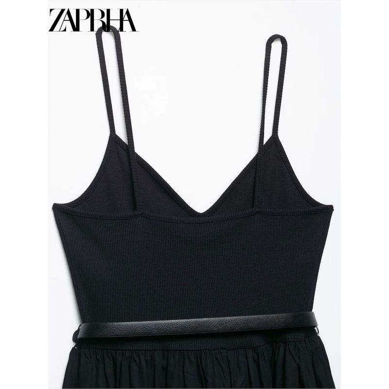 Zaprha2025 New Arrival Sexy Temperament with Belt Patchwork Midi Skirt V-neck Strap Dress Waist 1165065