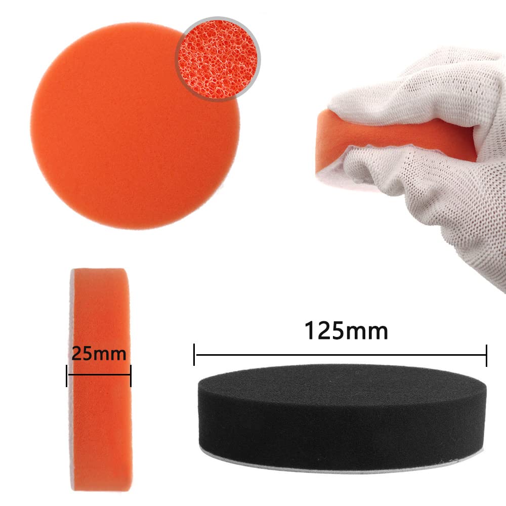 125mm Sponge Buff for Car for Electric Urethane Flat Velcro Washing, Polishers, Buff, Sponge, Closure, 8-Pack (Black + Orange)