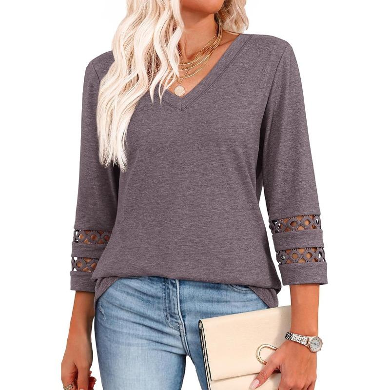 BITCED Women's Fashion Casual Solid Color Print Long Sleeve V-Neck Blouses & Shirts