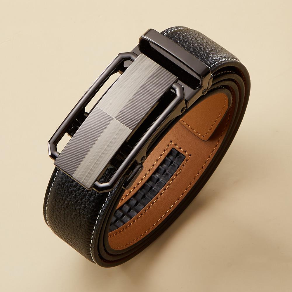 Men's Top Grain Cowhide Leather Belt with Automatic Buckle - Genuine, Casual, Versatile Style