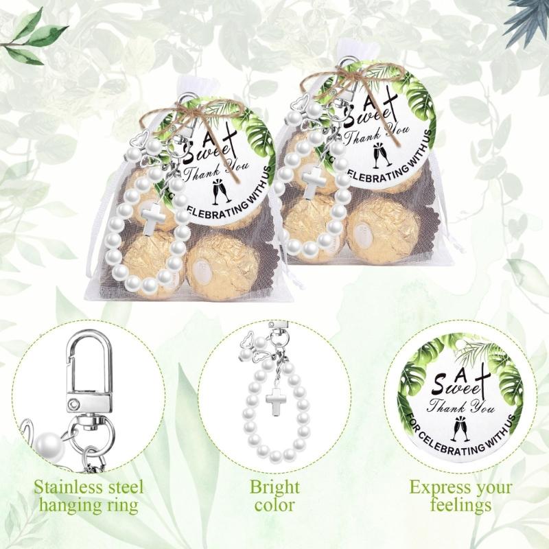 20Sets Crosses Keychain Favors With Thank You Label Organza Packaging Bulk Gift Set with Rope For Baby Showers Parties