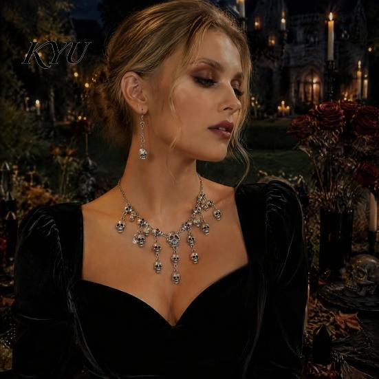Dark Aesthetic Pendant Earrings Halloween Skull Jewelry Set for Women, Tassel Necklace & Dangle Earrings, Punk Gothic Accessories Costume Party Alloy