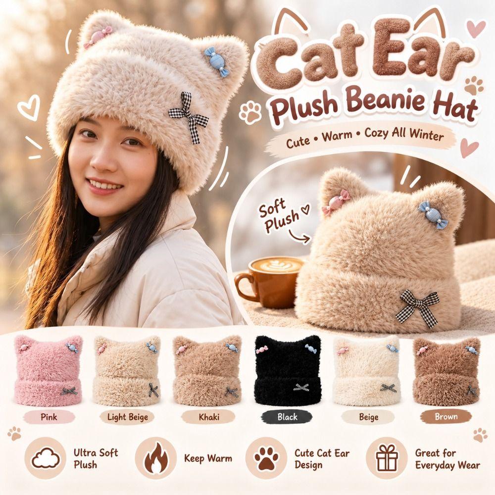 Plush Fabric Cat Ear Beanie Soft Fuzzy Texture Cute Cat Hat New Plush Beanie Hat Cold Weather Wear