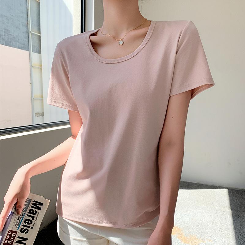 Pure Cotton Crew Neck Shoulder Shirt Women's Summer Wear Loose and Thin Short-sleeved Bottoming Shirt Top