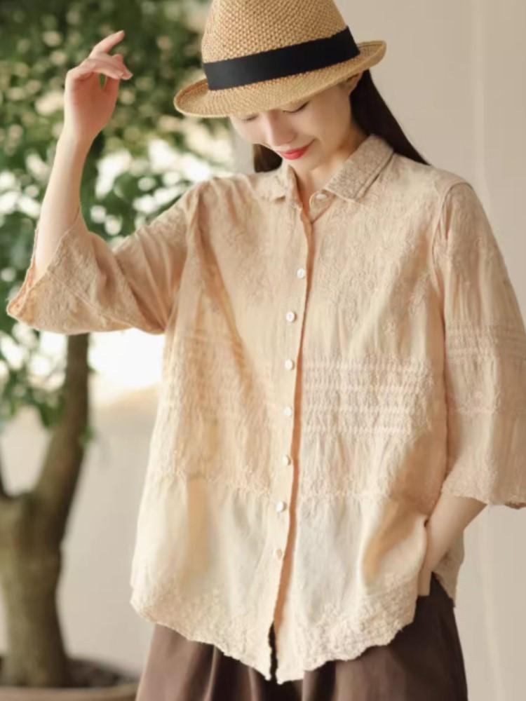 

Johnature Женские винтажные принты с цветочным принтом, однотонные блузки с вышивкой, летние рубашки с коротким рукавом и пуговицами One Size хаки