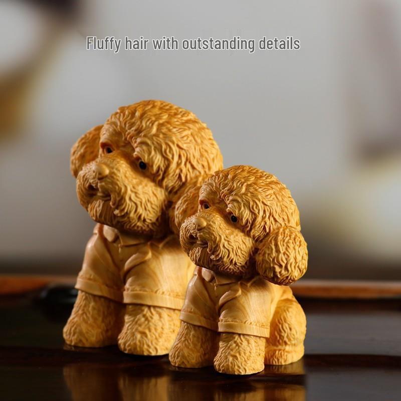 Cliff Cypress Wood Carved Teddy Dog Tea Pet - Zodiac Puppy Ornament for Home Decoration