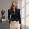 Dámsky Blazer s golierom stojáčikom, patchwork, na gombíky, 2026, Kancelárska elegancia, Voľný strih, Dlhý rukáv