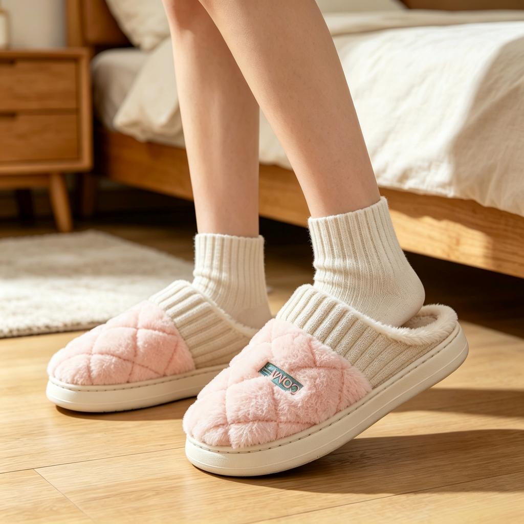 Comfortable Checkered Cotton House Slippers for Winter Indoor Home Use