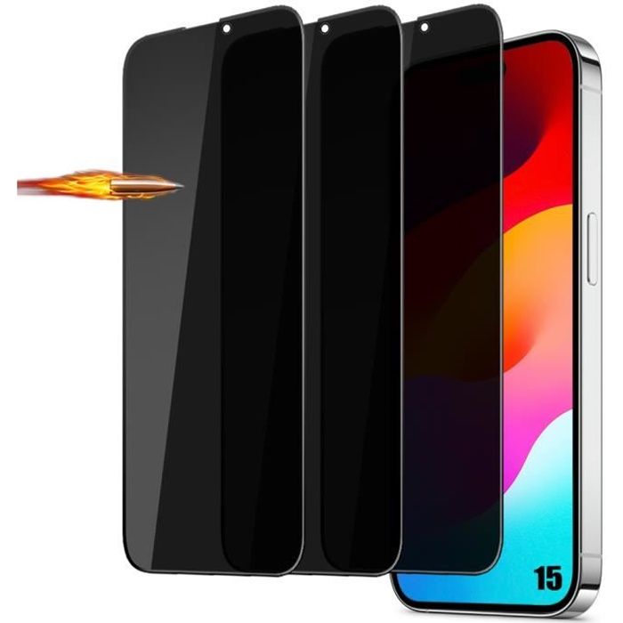 Film de protection - Verre Trempé - pour iPhone 15 - Anti Espion - Installation Facile - 3 Pièces