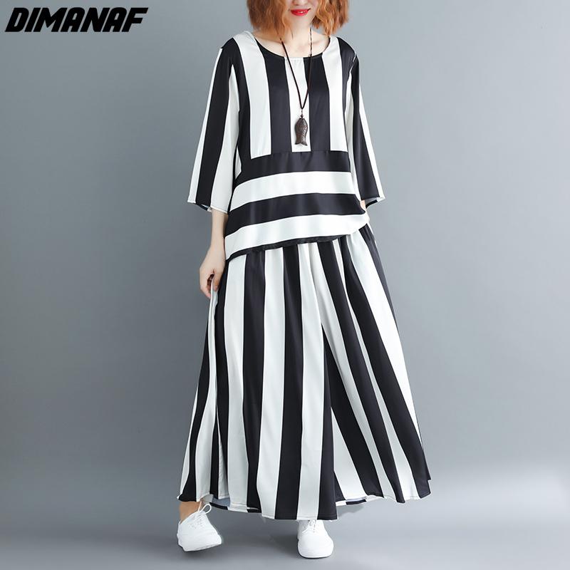 DIMANAF Plus Size Women Blouse Two Piece Set  Striped Shirts Bat Sleeve Summer Chiffon Home Tops Suit Loose Casual Solid Female Oversize