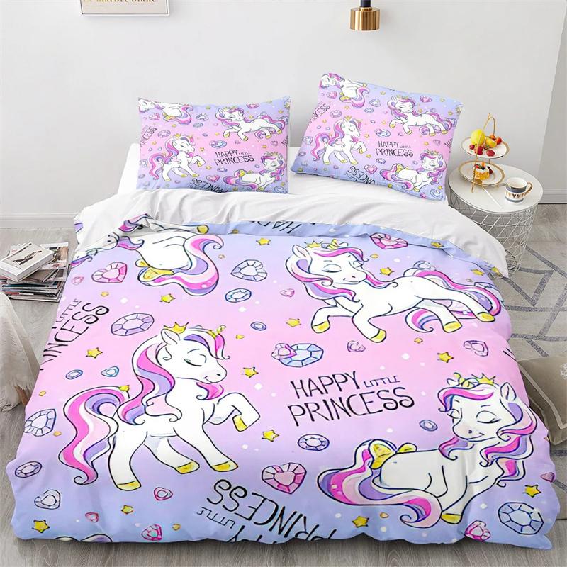 Unicorn Duvet Cover Set Cartoon Galaxy Rainbow Colourful Unicorn Cute Romantic Theme For Kids Girls Polyester Comforter Cover