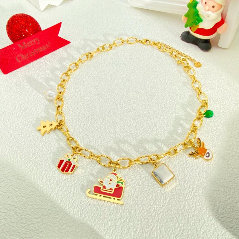 Popular Stainless Steel Christmas Jewelry Set: Sleigh & Reindeer Pendant Necklace, Bracelet, and Earrings